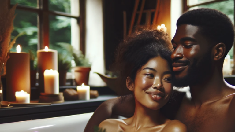 mixed race couple in bathtub