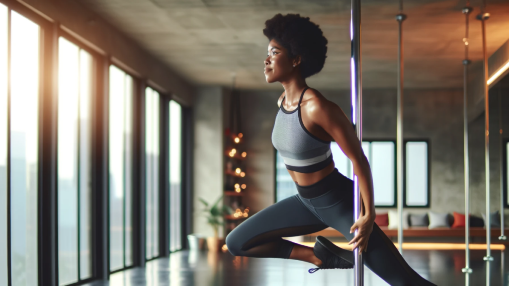 young woman of color wearing fitness clothing doing pole exercise