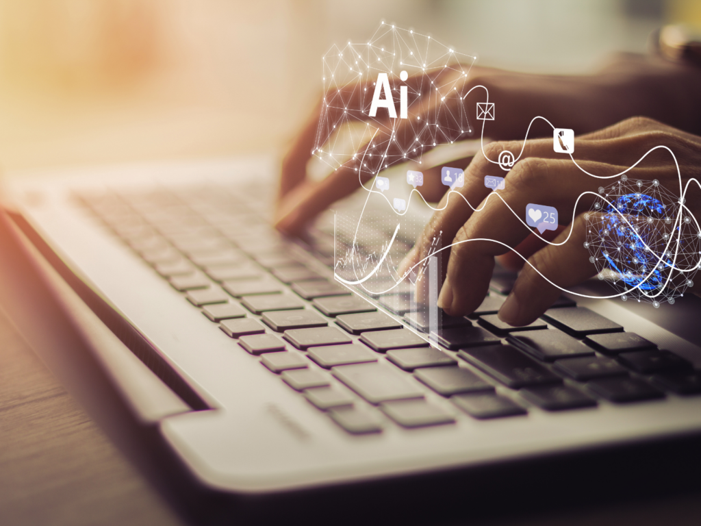 A female typing on her keyboard with different AI and Fem-Tech images hovering above her fingertips. 