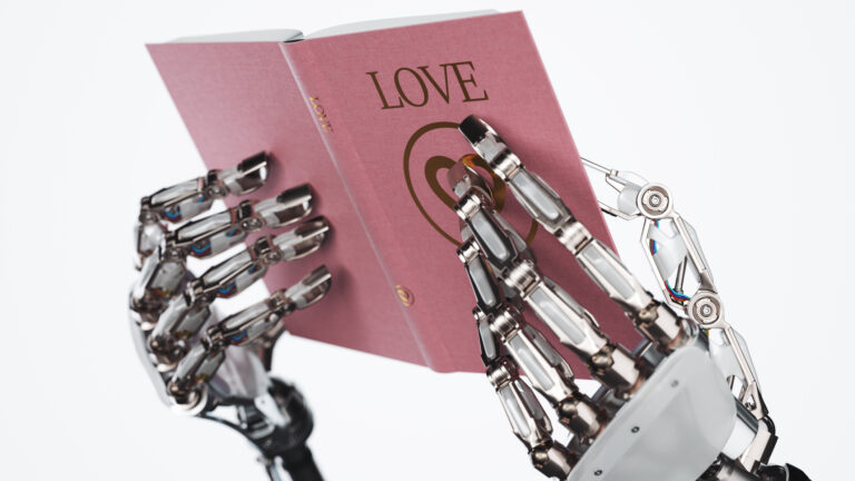 robot hands holding a pink book about love, it appears like the robot is learning about love.