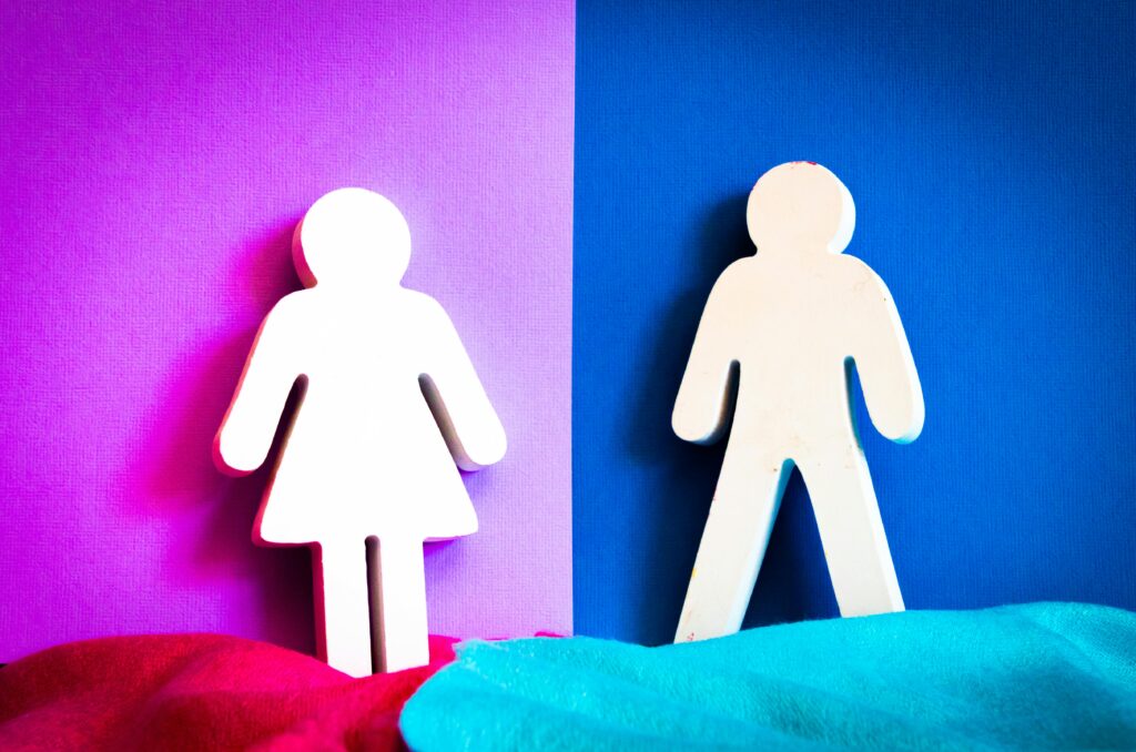 gendered cutouts in front of pink for women and blue for men. It's time to challenge traditional gender roles. 