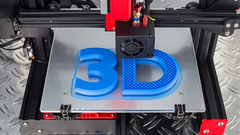 3D printer printing blue letters for 3D