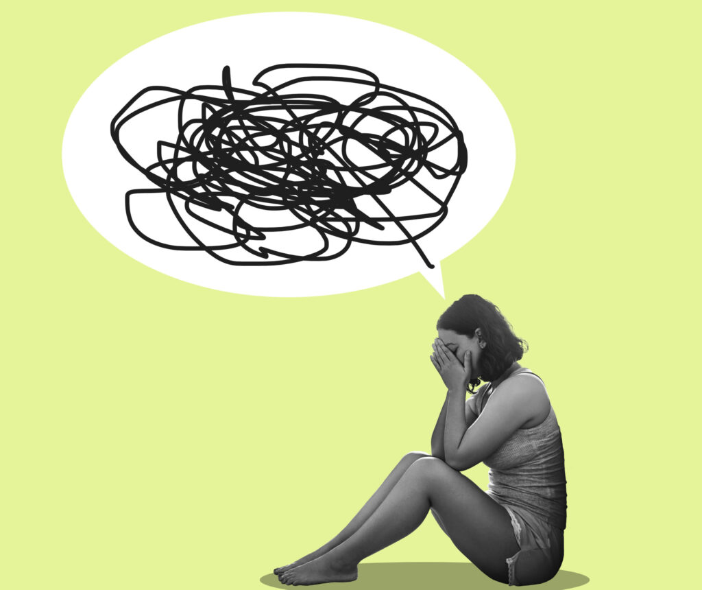 mental health confusion and woman on floor depression and emotional stress.