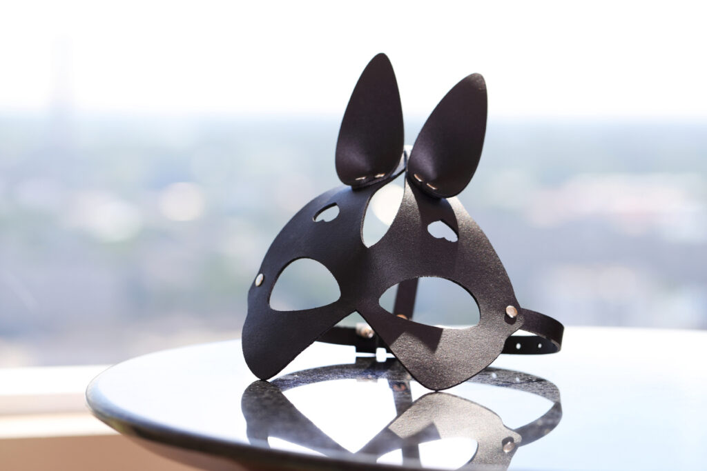 bdsm fetish mask sitting on table