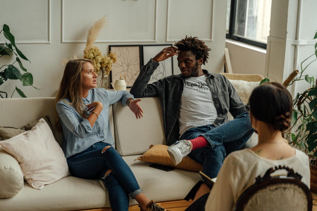 a woman talking at a couples therapy session