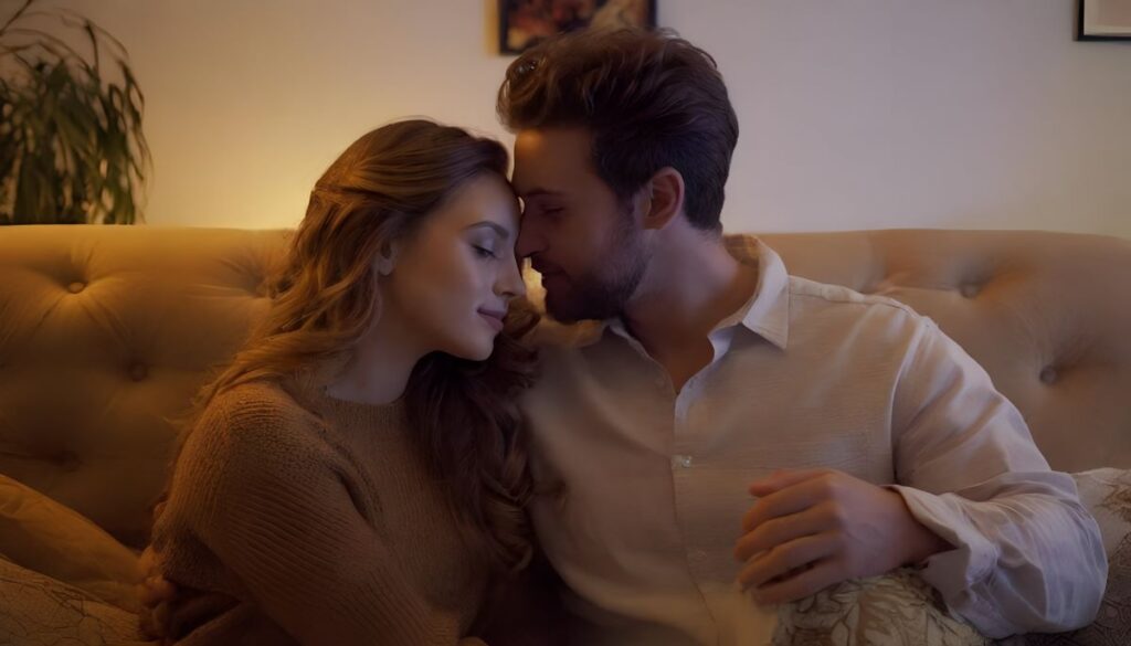 A young white couple cuddling on a couch looking like they are going to get intimate
