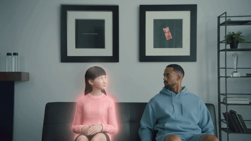A Replika character visualized in the real world, sitting next to a man on a couch.
